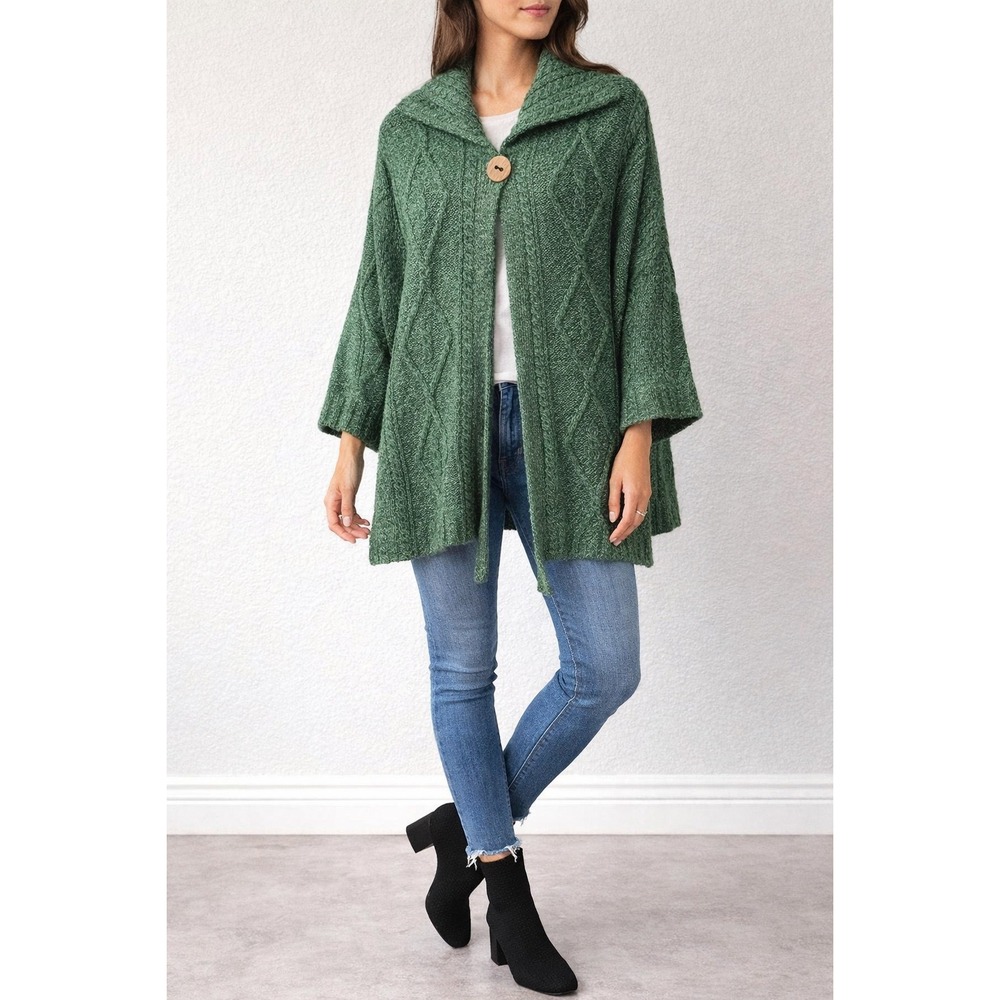 Carraig Donn Irish Wool One Button Sweater Womens XXL Green Cable Knit Ireland